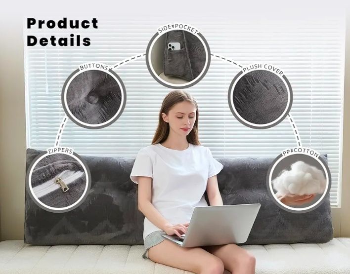 Headboard Pillow for Bed,Triangular Wedge Pillow Headboard Soft Support While Reading and Resting,Bed Bolster Cushion Headboard with Removable Cover, (59"x8"x20")