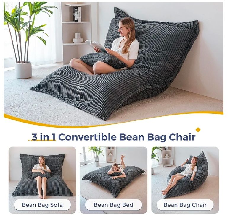 Giant Bean Bag Chair with Pillow, 3 in 1 Convertible Bean Bag Chair for Adults with Removable Cover, Floor Cushion Stuffed Floor Lounger for Living Room Bedroom