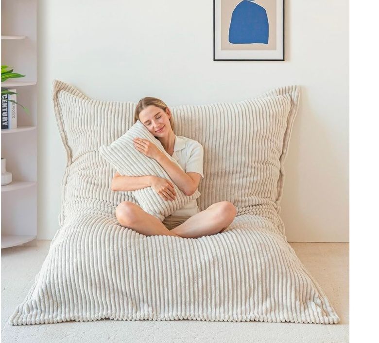 Giant Bean Bag Chair with Pillow, 3 in 1 Convertible Bean Bag Chair for Adults with Removable Cover, Floor Cushion Stuffed Floor Lounger for Living Room Bedroom