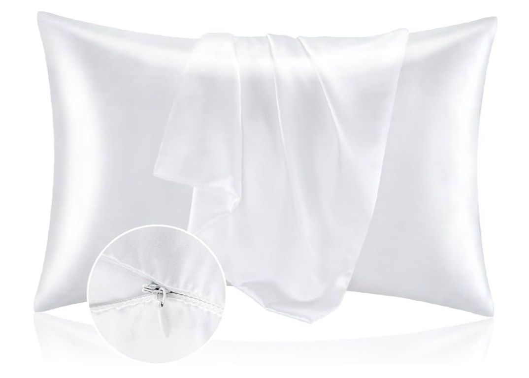 Satin Pillowcase with Zipper 2 Pack, White Pillow Cases Standard Size, Super Soft and Cooling Similar to Silk Pillow Cases, Gift for Women Men(20x26 Inches)