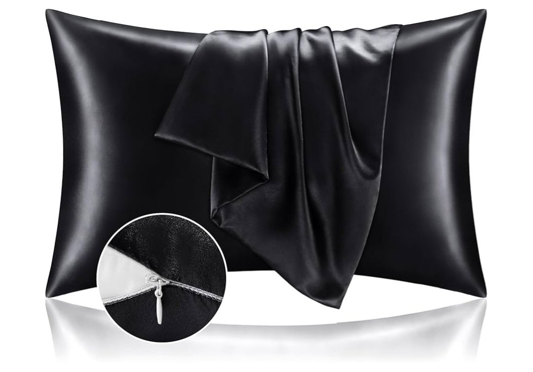 Satin Pillowcase with Zipper 2 Pack, White Pillow Cases Standard Size, Super Soft and Cooling Similar to Silk Pillow Cases, Gift for Women Men(20x26 Inches)