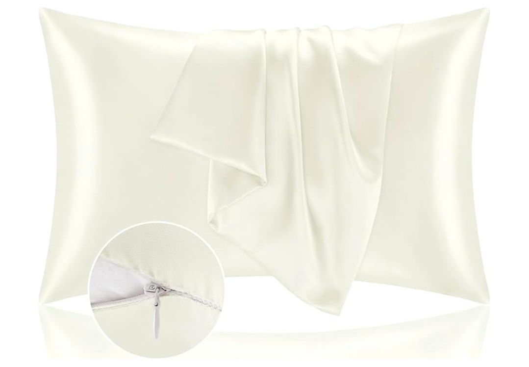 Satin Pillowcase with Zipper 2 Pack, White Pillow Cases Standard Size, Super Soft and Cooling Similar to Silk Pillow Cases, Gift for Women Men(20x26 Inches)