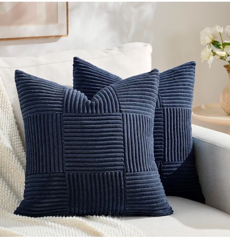 Set of 2 Black Boho Decorative Throw Pillow Covers 18x18 Inch for Living Room Bedroom Couch Bed Sofa, Modern Farmhouse Home Decor, Soft Striped Patchwork Plaid Corduroy Accent Cushion Case