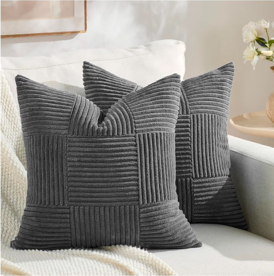 Set of 2 Black Boho Decorative Throw Pillow Covers 18x18 Inch for Living Room Bedroom Couch Bed Sofa, Modern Farmhouse Home Decor, Soft Striped Patchwork Plaid Corduroy Accent Cushion Case