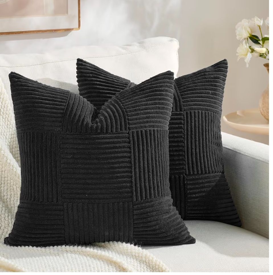 Set of 2 Black Boho Decorative Throw Pillow Covers 18x18 Inch for Living Room Bedroom Couch Bed Sofa, Modern Farmhouse Home Decor, Soft Striped Patchwork Plaid Corduroy Accent Cushion Case