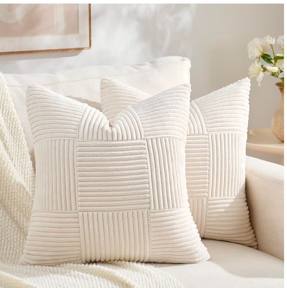 Set of 2 Black Boho Decorative Throw Pillow Covers 18x18 Inch for Living Room Bedroom Couch Bed Sofa, Modern Farmhouse Home Decor, Soft Striped Patchwork Plaid Corduroy Accent Cushion Case