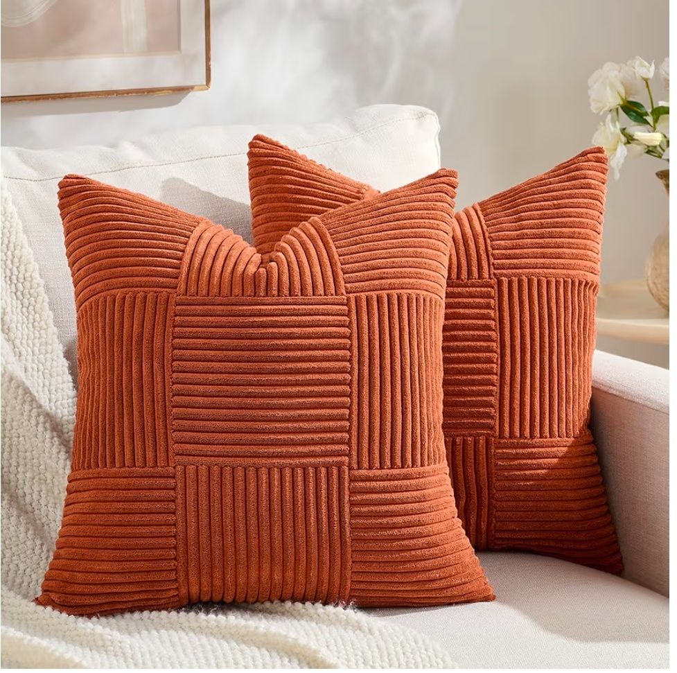 Set of 2 Black Boho Decorative Throw Pillow Covers 18x18 Inch for Living Room Bedroom Couch Bed Sofa, Modern Farmhouse Home Decor, Soft Striped Patchwork Plaid Corduroy Accent Cushion Case