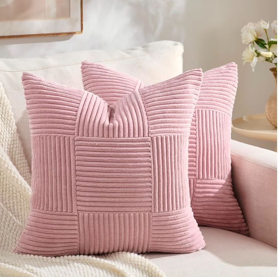 Set of 2 Black Boho Decorative Throw Pillow Covers 18x18 Inch for Living Room Bedroom Couch Bed Sofa, Modern Farmhouse Home Decor, Soft Striped Patchwork Plaid Corduroy Accent Cushion Case