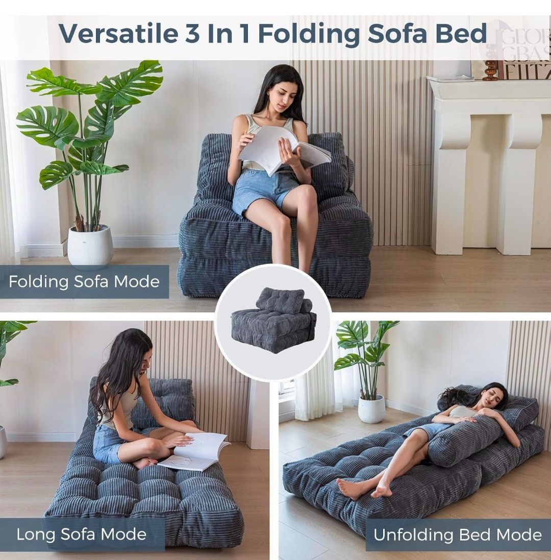 Folding Sofa Bed, Convertible Sleeper Chair with Pillow Foldable Mattress with Back Support, Portable Fold Out Chair Bed Comfy Floor Sofa Lounge for Living Room Bedroom