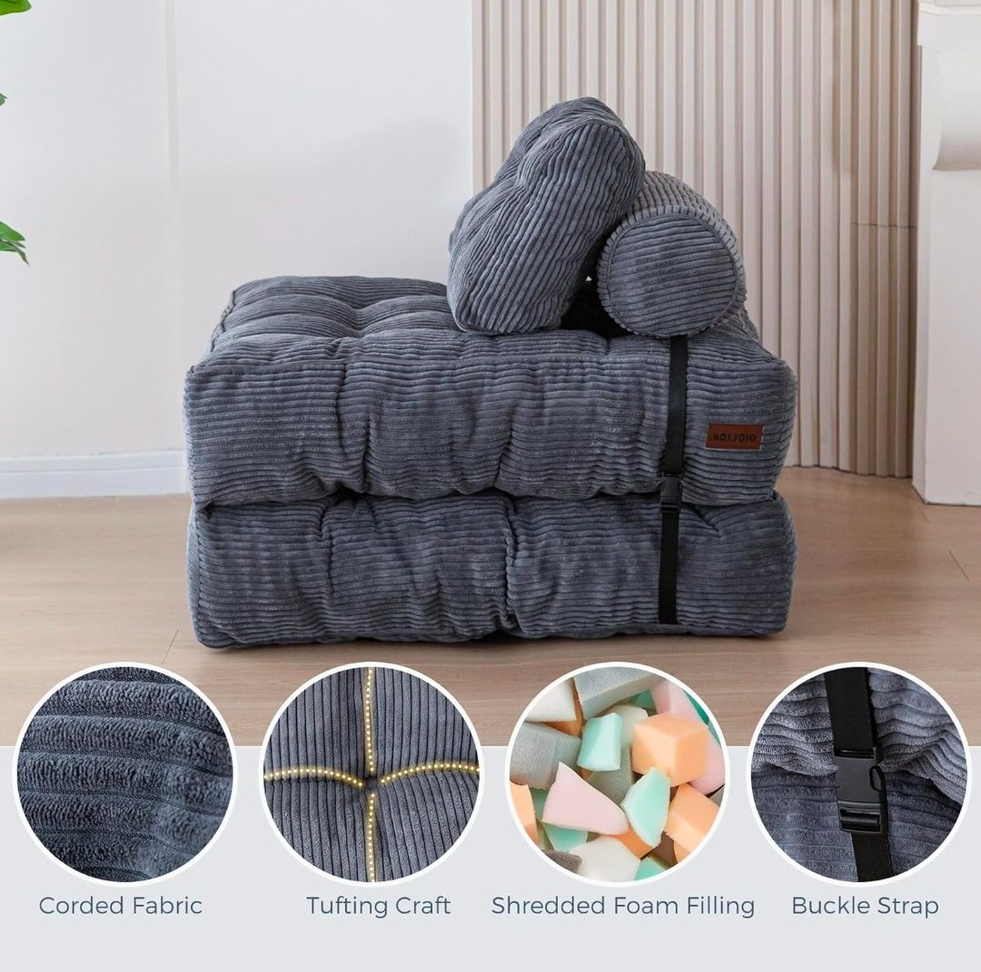 Folding Sofa Bed, Convertible Sleeper Chair with Pillow Foldable Mattress with Back Support, Portable Fold Out Chair Bed Comfy Floor Sofa Lounge for Living Room Bedroom