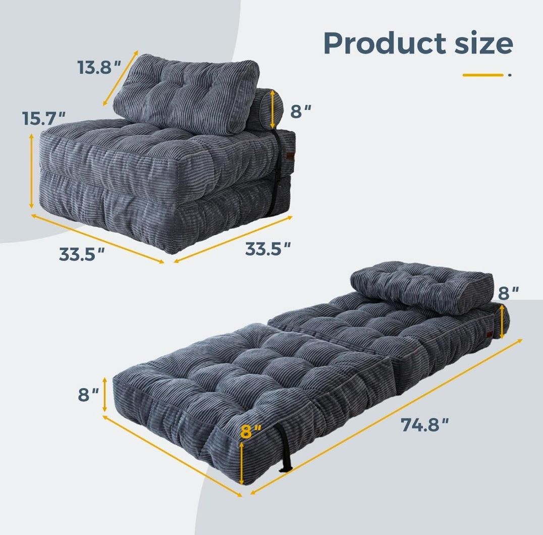 Folding Sofa Bed, Convertible Sleeper Chair with Pillow Foldable Mattress with Back Support, Portable Fold Out Chair Bed Comfy Floor Sofa Lounge for Living Room Bedroom