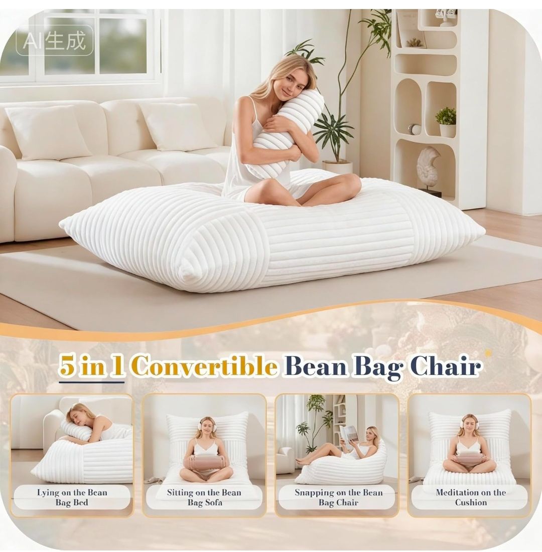 5 in 1 Bean Bag Chair with A Roll Pillow,Giant Bean Bag Chairs for Adults,Ultra Soft & Machine Washable Cover,Convertible Sofa Bed Floor Couch Lounger for Living Room,Bedroom