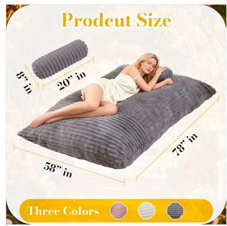 5 in 1 Bean Bag Chair with A Roll Pillow,Giant Bean Bag Chairs for Adults,Ultra Soft & Machine Washable Cover,Convertible Sofa Bed Floor Couch Lounger for Living Room,Bedroom