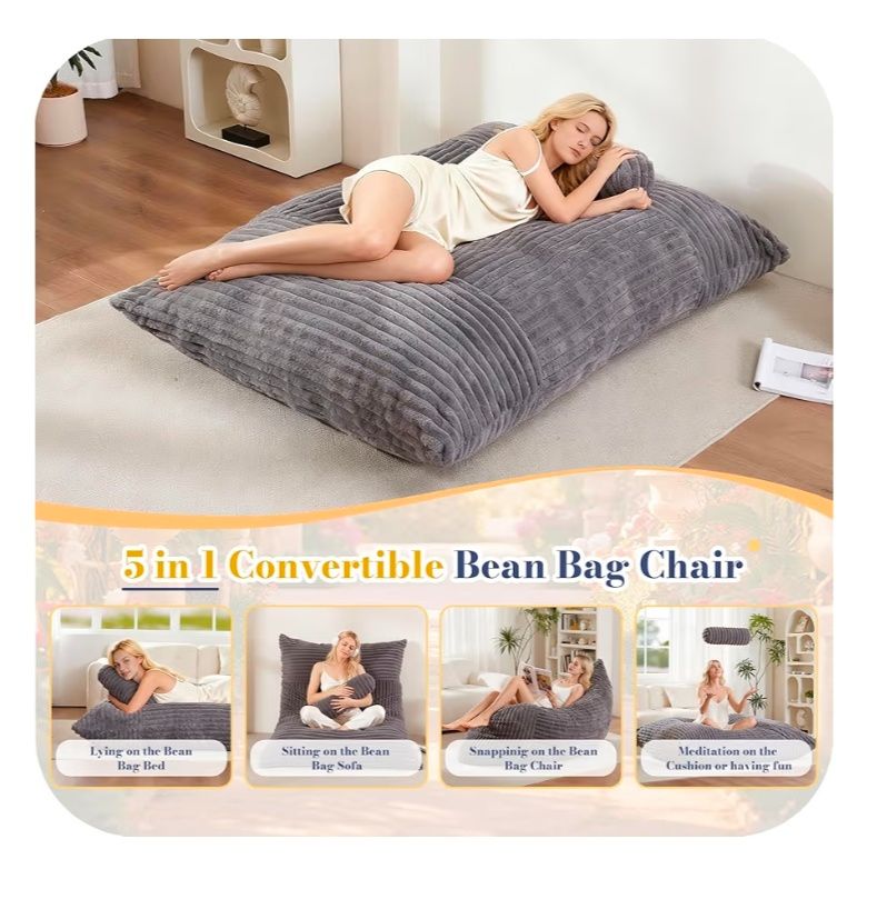5 in 1 Bean Bag Chair with A Roll Pillow,Giant Bean Bag Chairs for Adults,Ultra Soft & Machine Washable Cover,Convertible Sofa Bed Floor Couch Lounger for Living Room,Bedroom