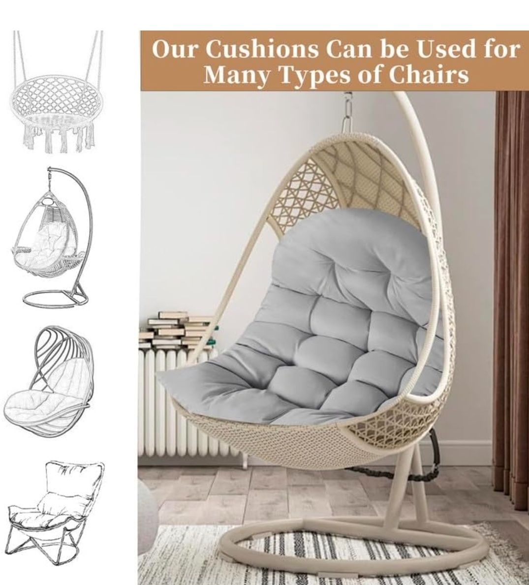 Thicken Egg Chair Cushion Replacement, Outdoor Hammock Swing Chair Cushions, Hanging Wicker Basket Seat Pad with High Elasticity PP Cotton, for Garden Patio Porch Furniture (Only Cushion)