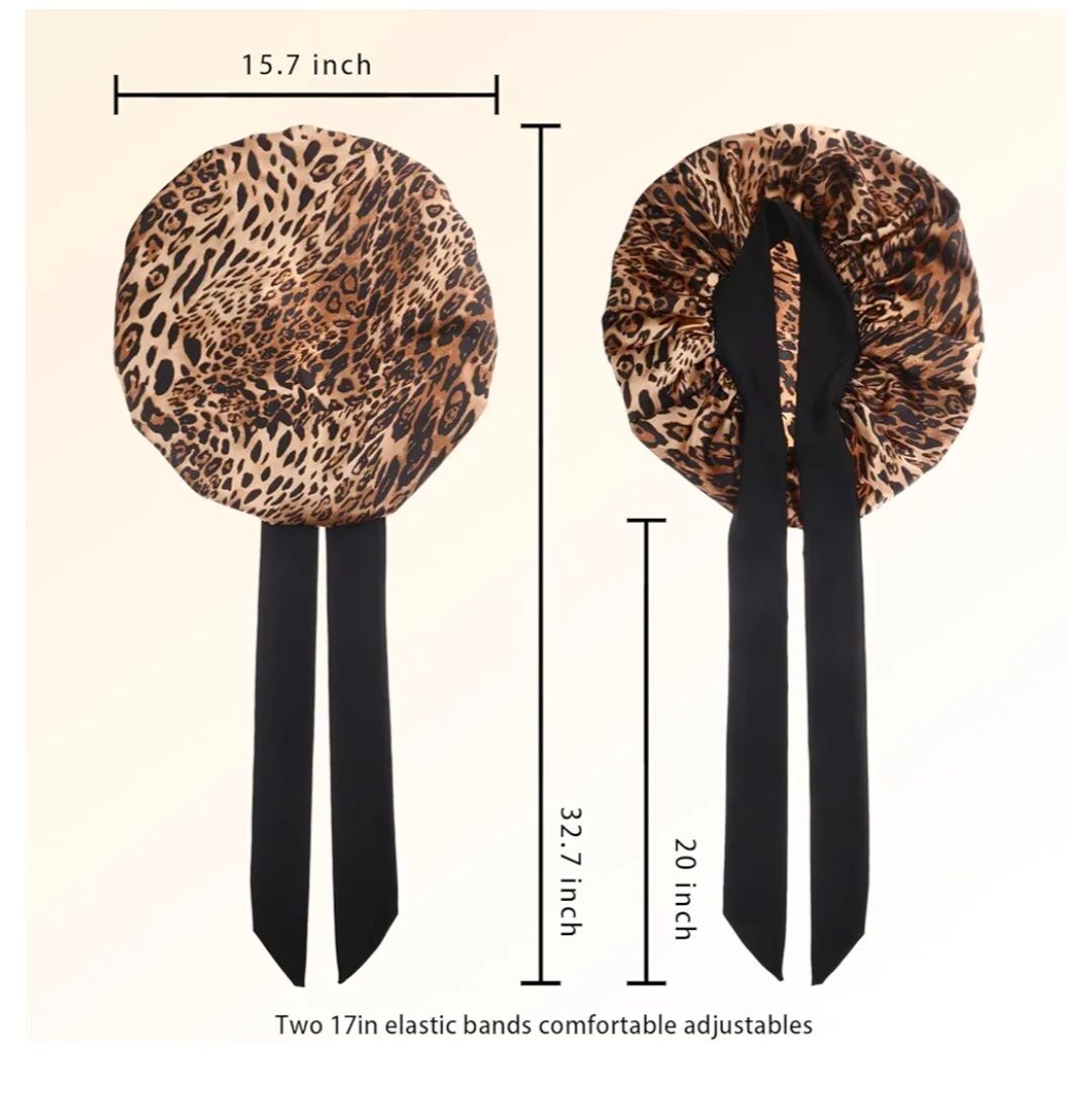 Silky Satin Hair Bonnet, Night Cap for Black Women Hair Care with Soft Tie Band - Jumbo Satin Sleep Cap(Leopard)