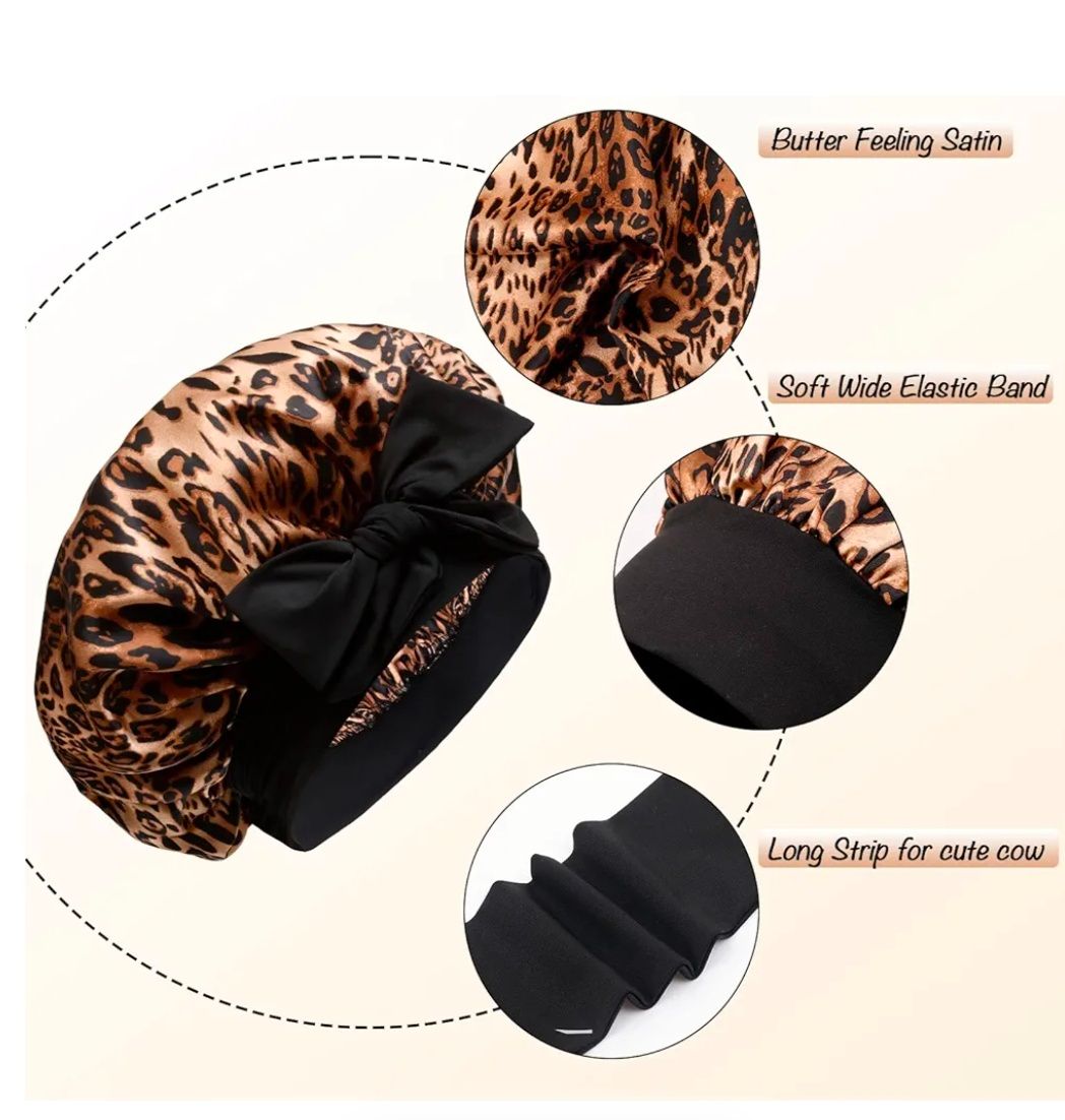Silky Satin Hair Bonnet, Night Cap for Black Women Hair Care with Soft Tie Band - Jumbo Satin Sleep Cap(Leopard)