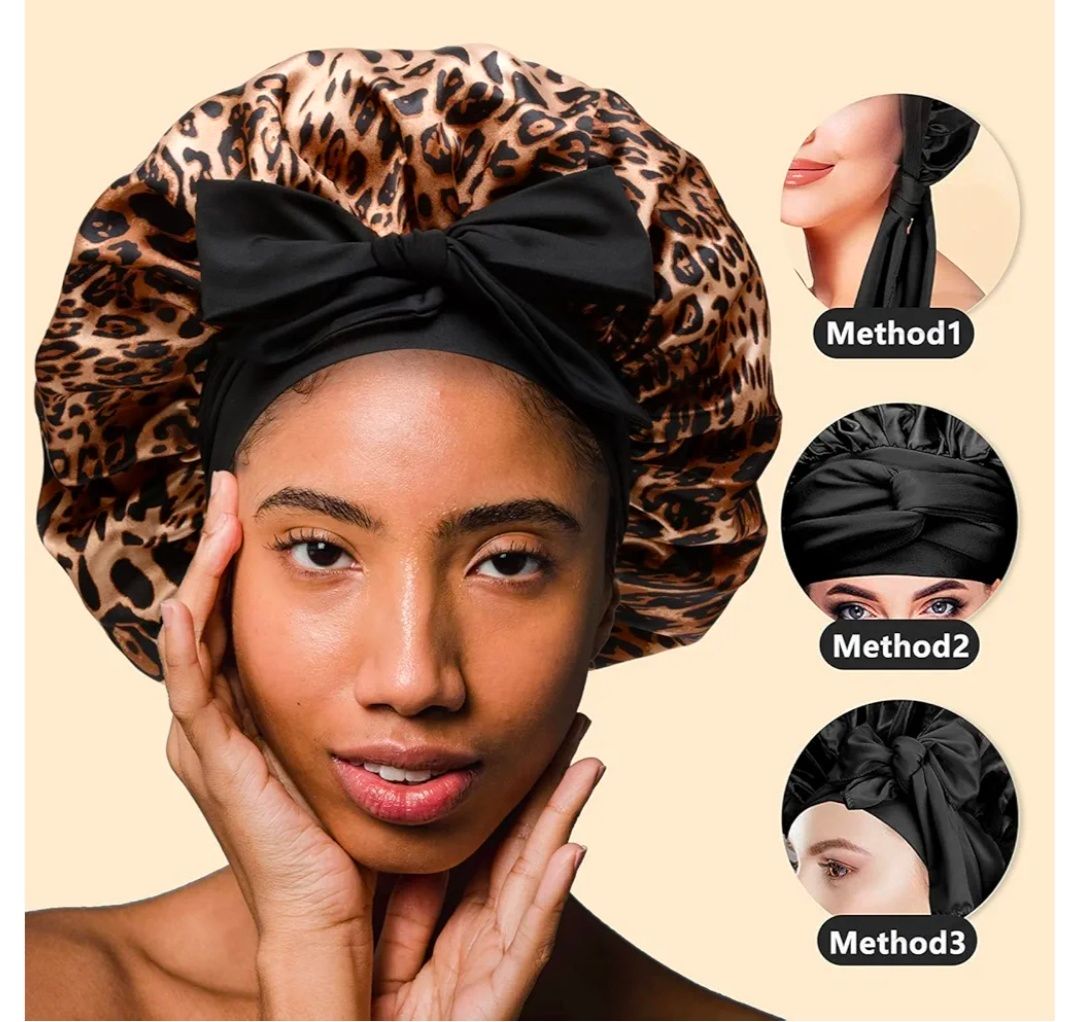 Silky Satin Hair Bonnet, Night Cap for Black Women Hair Care with Soft Tie Band - Jumbo Satin Sleep Cap(Leopard)