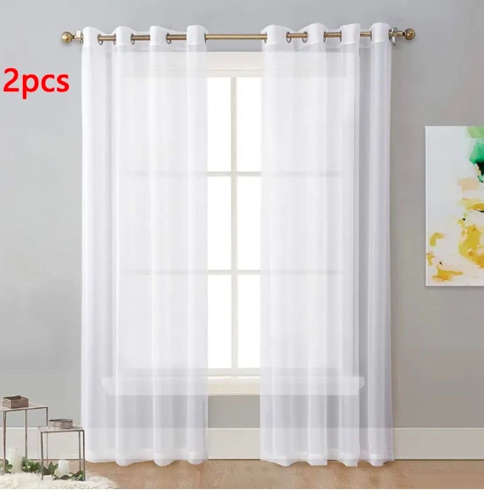 2pcs white Sheer Curtains - Ring Top Window Curtains Basket Semi Shading Living Room Bedroom Decoration Curtain