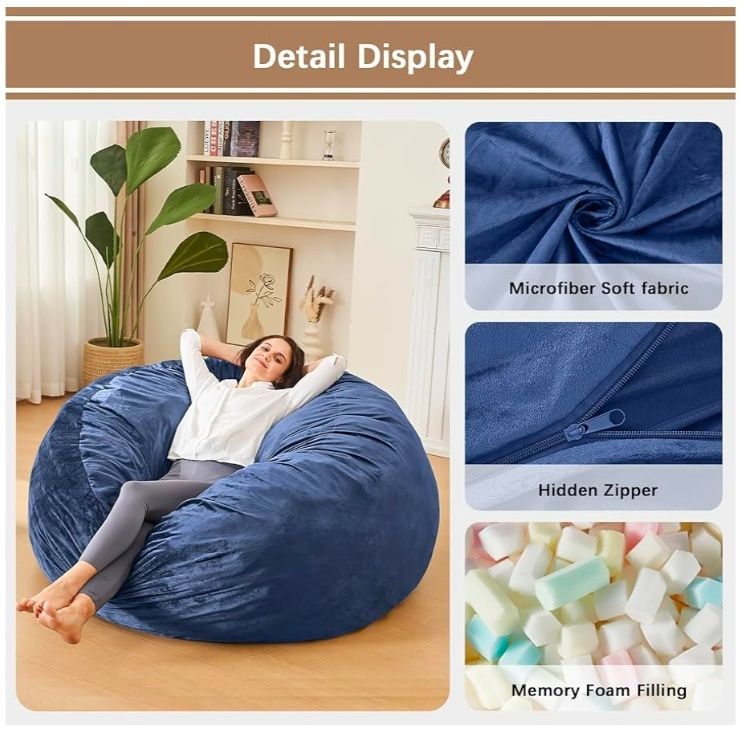 Bean Bag Chairs for Adults - Memory Foam Furniture BeanBag Chair - Kids/Teens Sofa with Soft Micro Fiber Cover - Round Fluffy Couch for Living Room Bedroom College Dorm - 4 ft,