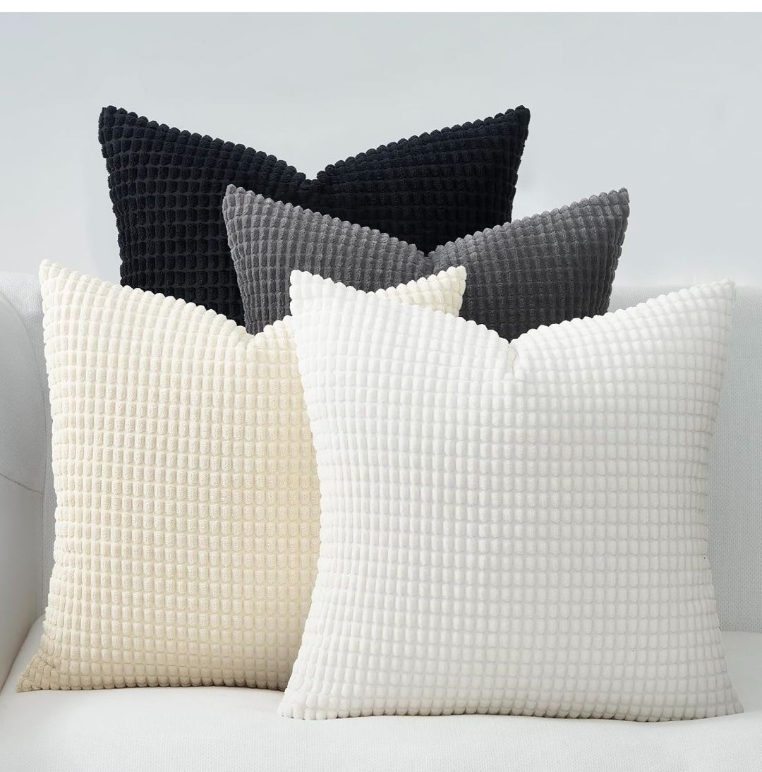 Black and White Couch Pillow Covers for Living Room 45x45 cm Set of 4,Mid Century Modern White Neutral Corduroy Corn Throw Pillows,Rustic Square Bench Chair Cushion(18 Inch/Dark Gray)