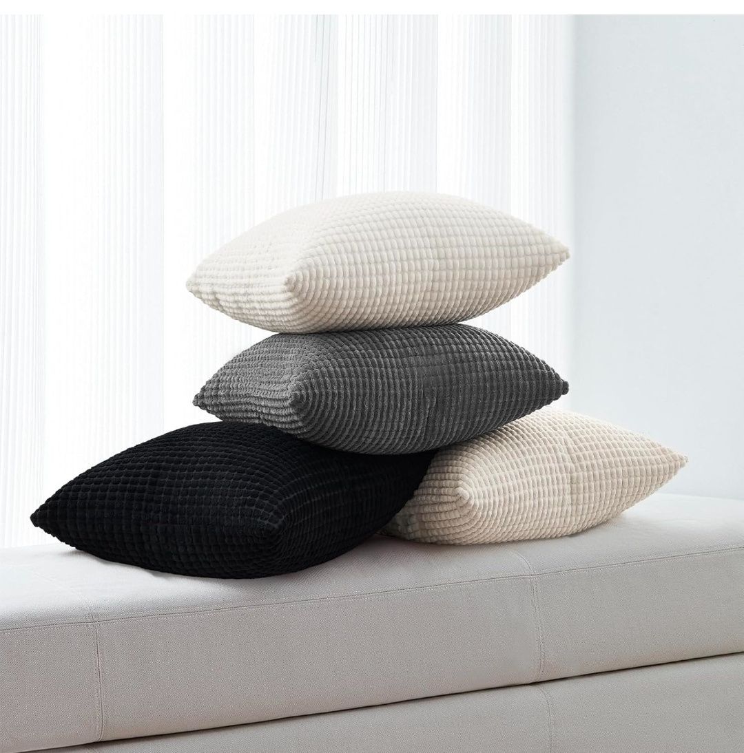 Black and White Couch Pillow Covers for Living Room 45x45 cm Set of 4,Mid Century Modern White Neutral Corduroy Corn Throw Pillows,Rustic Square Bench Chair Cushion(18 Inch/Dark Gray)