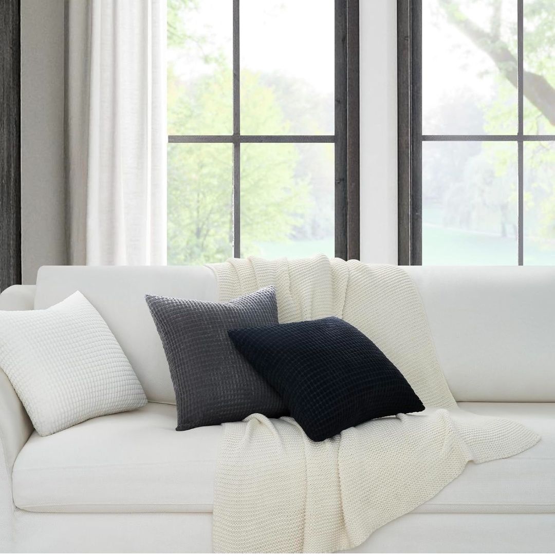 Black and White Couch Pillow Covers for Living Room 45x45 cm Set of 4,Mid Century Modern White Neutral Corduroy Corn Throw Pillows,Rustic Square Bench Chair Cushion(18 Inch/Dark Gray)