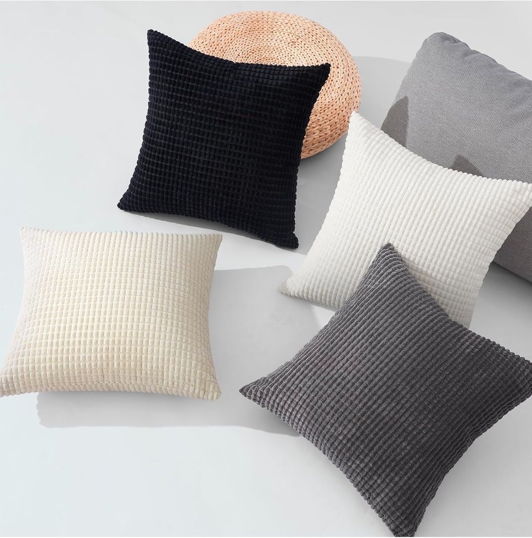 Black and White Couch Pillow Covers for Living Room 45x45 cm Set of 4,Mid Century Modern White Neutral Corduroy Corn Throw Pillows,Rustic Square Bench Chair Cushion(18 Inch/Dark Gray)