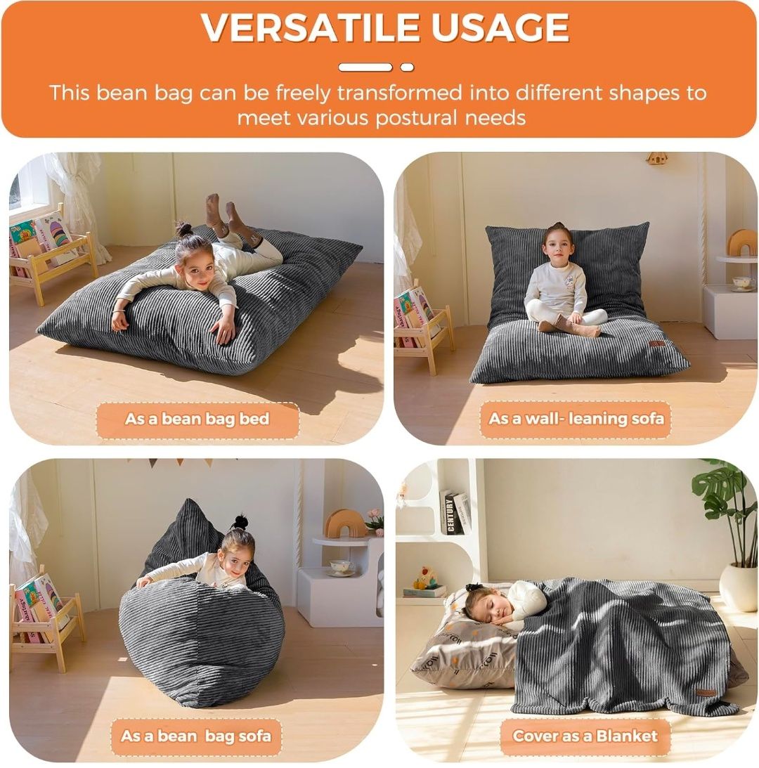 3 in 1 Kids Bean Bag Chair Bed, Convertible Chair Folds from Bean Bag to Lounger, Child Floor Sofa for Gaming, Reading, Floor Mattress with High-Density Foam Filling