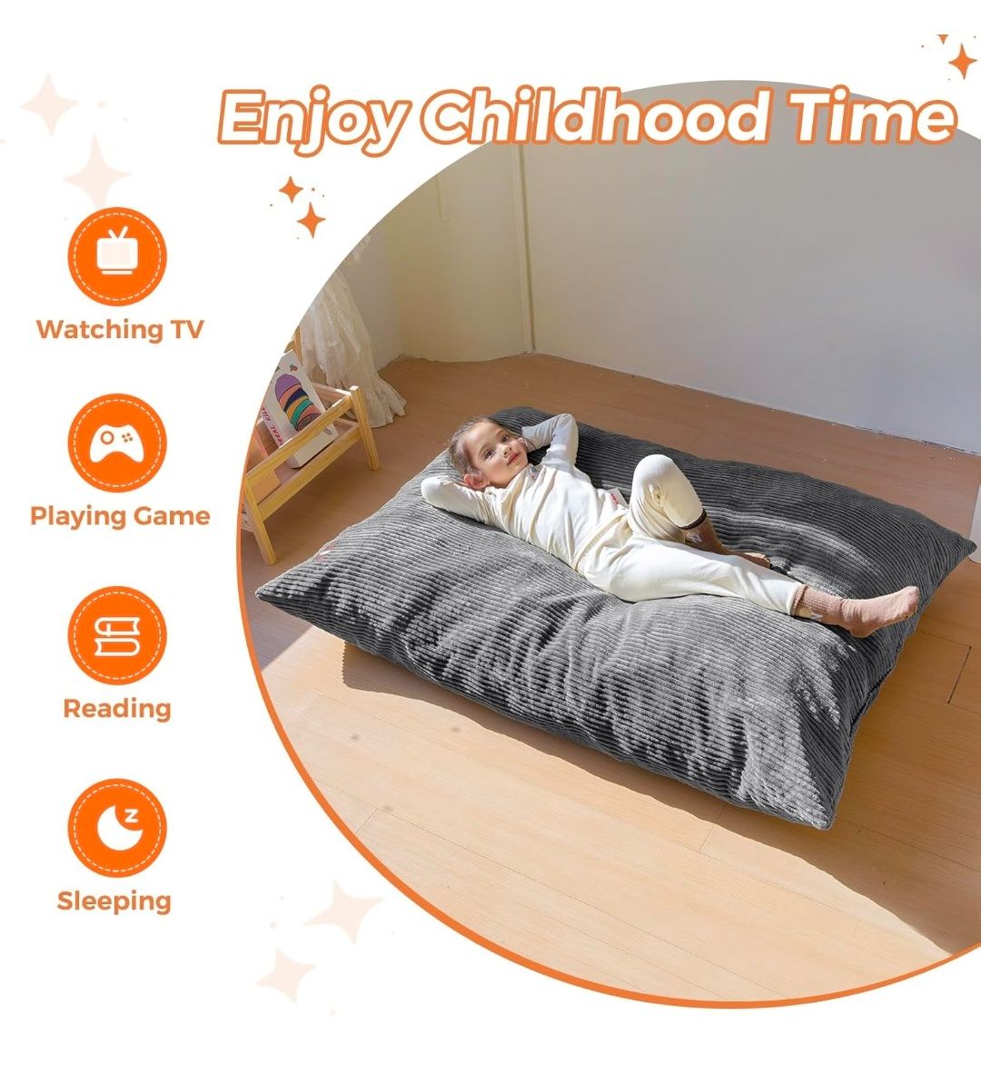3 in 1 Kids Bean Bag Chair Bed, Convertible Chair Folds from Bean Bag to Lounger, Child Floor Sofa for Gaming, Reading, Floor Mattress with High-Density Foam Filling