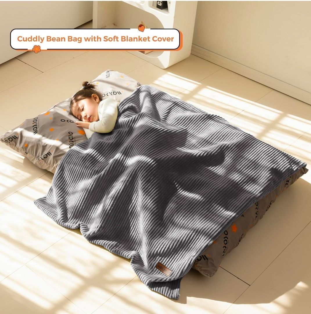 3 in 1 Kids Bean Bag Chair Bed, Convertible Chair Folds from Bean Bag to Lounger, Child Floor Sofa for Gaming, Reading, Floor Mattress with High-Density Foam Filling