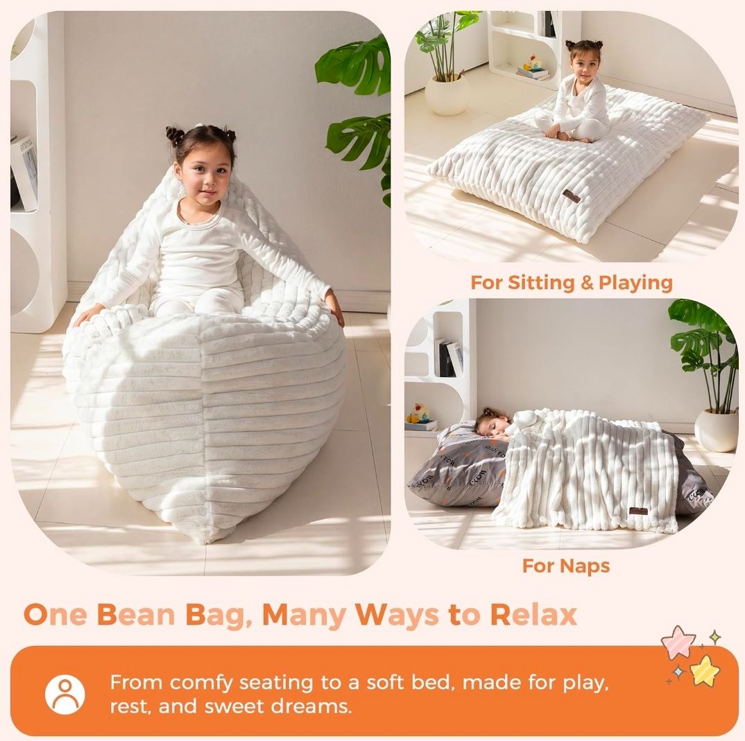 3 in 1 Kids Bean Bag Chair Bed, Convertible Child Chair Folds Bean Bag with Removed Cover, Soft Fur Fabric Floor Mattress with High-Density Foam Filling for Living Room Bedroom