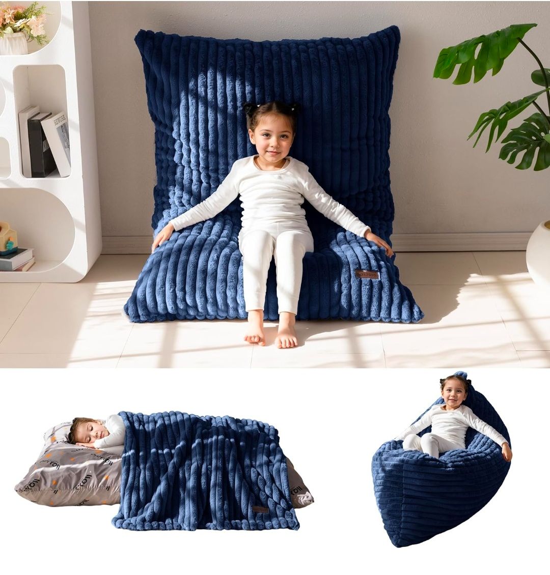 3 in 1 Kids Bean Bag Chair Bed, Convertible Child Chair Folds Bean Bag with Removed Cover, Soft Fur Fabric Floor Mattress with High-Density Foam Filling for Living Room Bedroom