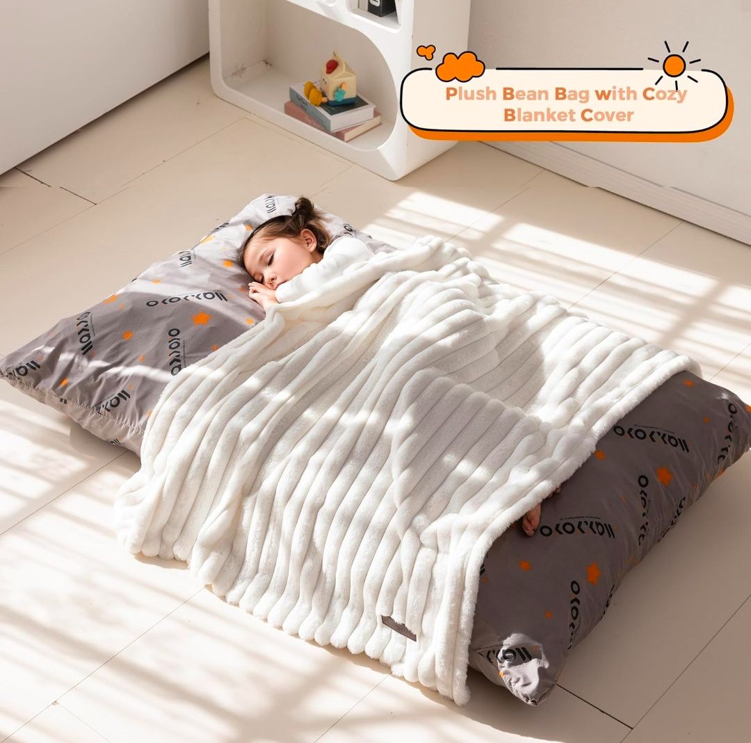 3 in 1 Kids Bean Bag Chair Bed, Convertible Child Chair Folds Bean Bag with Removed Cover, Soft Fur Fabric Floor Mattress with High-Density Foam Filling for Living Room Bedroom