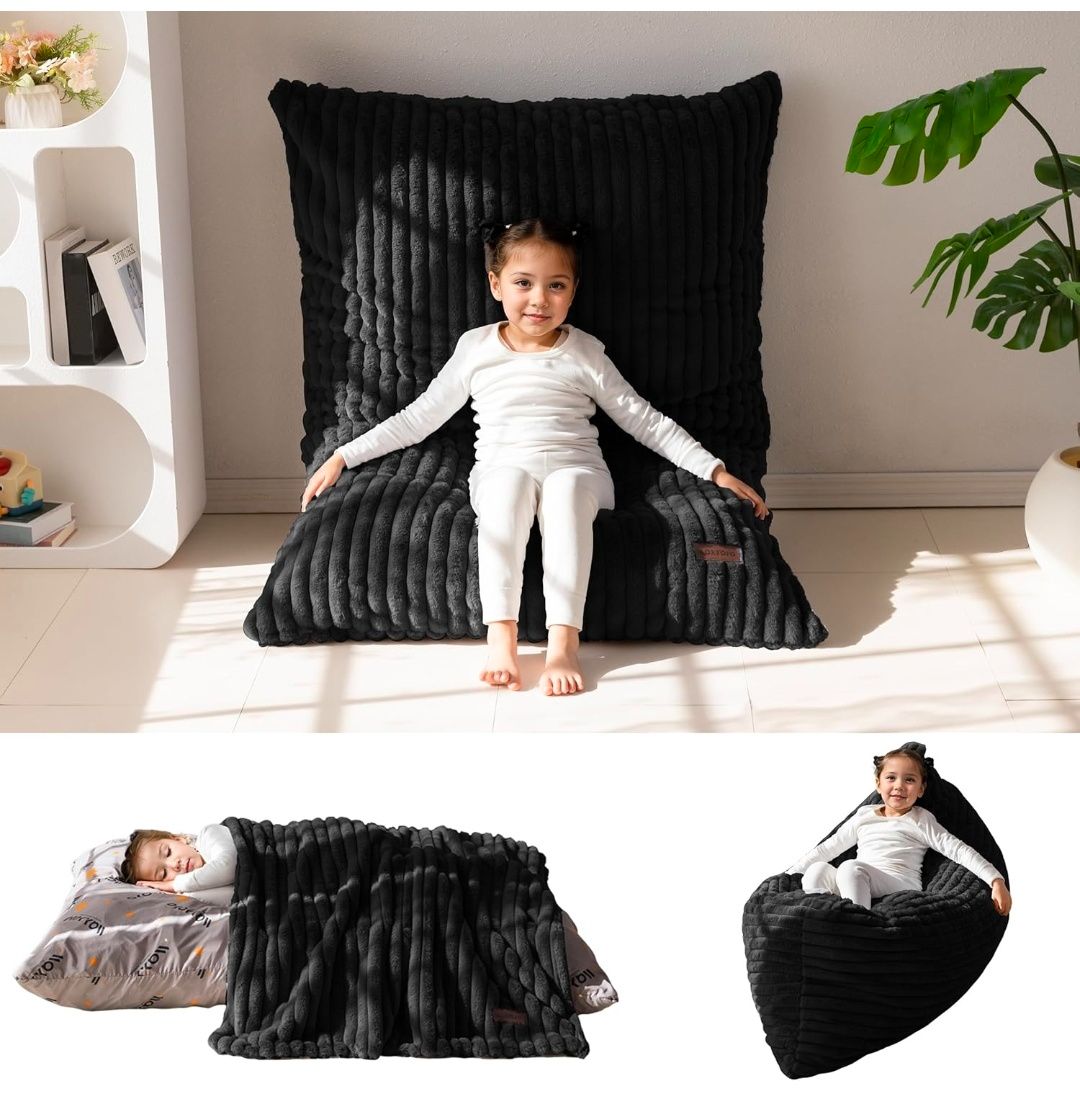 3 in 1 Kids Bean Bag Chair Bed, Convertible Child Chair Folds Bean Bag with Removed Cover, Soft Fur Fabric Floor Mattress with High-Density Foam Filling for Living Room Bedroom