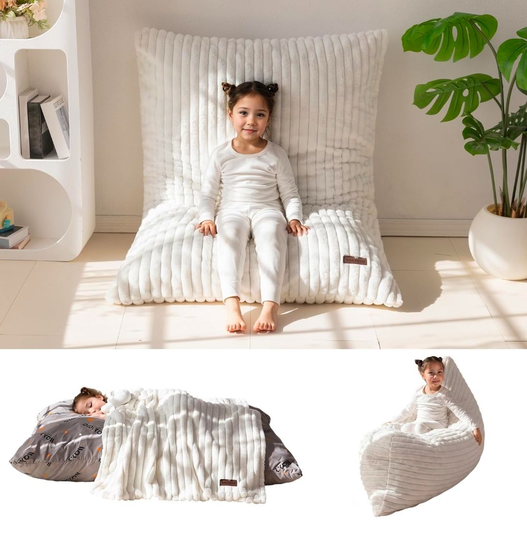 3 in 1 Kids Bean Bag Chair Bed, Convertible Child Chair Folds Bean Bag with Removed Cover, Soft Fur Fabric Floor Mattress with High-Density Foam Filling for Living Room Bedroom
