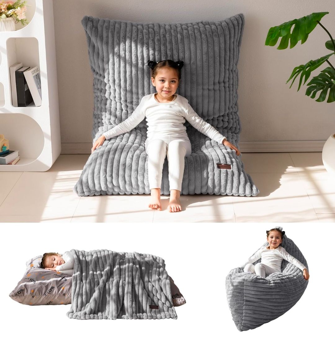 3 in 1 Kids Bean Bag Chair Bed, Convertible Child Chair Folds Bean Bag with Removed Cover, Soft Fur Fabric Floor Mattress with High-Density Foam Filling for Living Room Bedroom