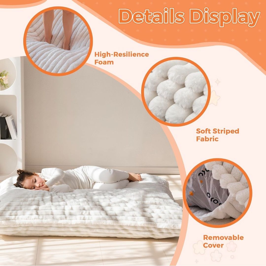 3 in 1 Kids Bean Bag Chair Bed, Convertible Child Chair Folds Bean Bag with Removed Cover, Soft Fur Fabric Floor Mattress with High-Density Foam Filling for Living Room Bedroom