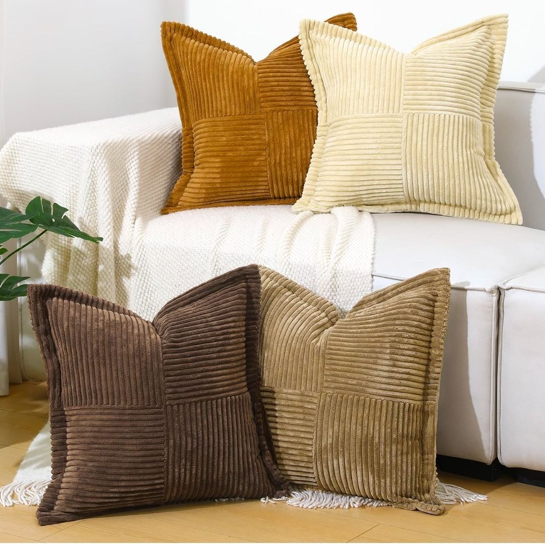 Corduroy Throw Pillow Covers 18×18 Inch, 4 Pack Soft Square Throw Pillow Cases, Decorative Boho Striped Couch Pillow Covers for Living Room Bedroom Sofa Bed Office Cushion Covers