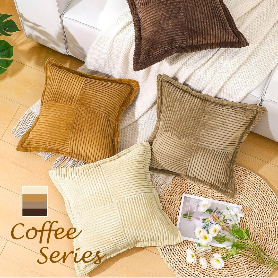 Corduroy Throw Pillow Covers 18×18 Inch, 4 Pack Soft Square Throw Pillow Cases, Decorative Boho Striped Couch Pillow Covers for Living Room Bedroom Sofa Bed Office Cushion Covers