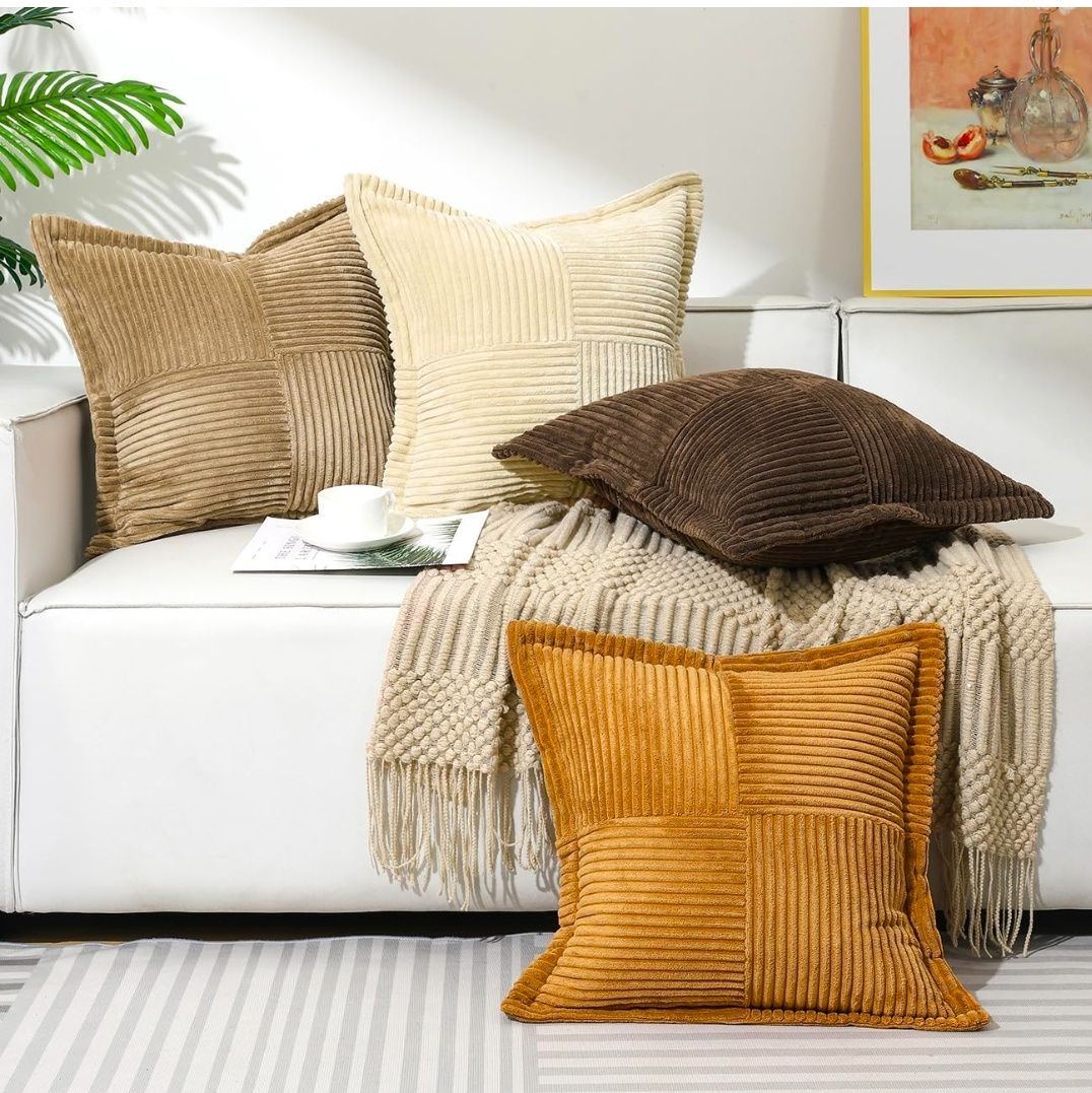 Corduroy Throw Pillow Covers 18×18 Inch, 4 Pack Soft Square Throw Pillow Cases, Decorative Boho Striped Couch Pillow Covers for Living Room Bedroom Sofa Bed Office Cushion Covers