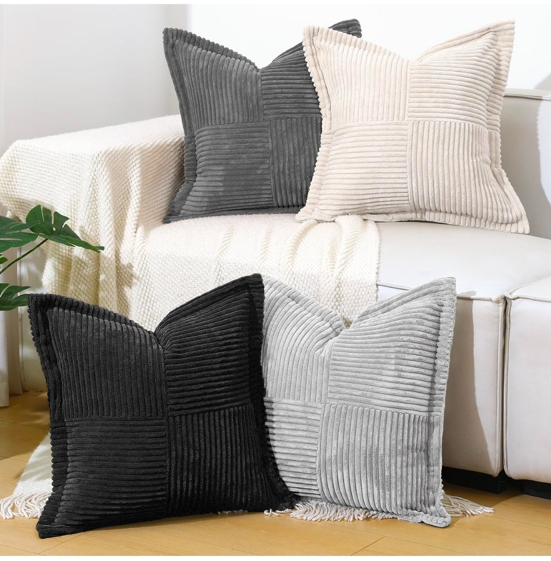 Corduroy Throw Pillow Covers 18×18 Inch, 4 Pack Soft Square Throw Pillow Cases, Decorative Boho Striped Couch Pillow Covers for Living Room Bedroom Sofa Bed Office Cushion Covers