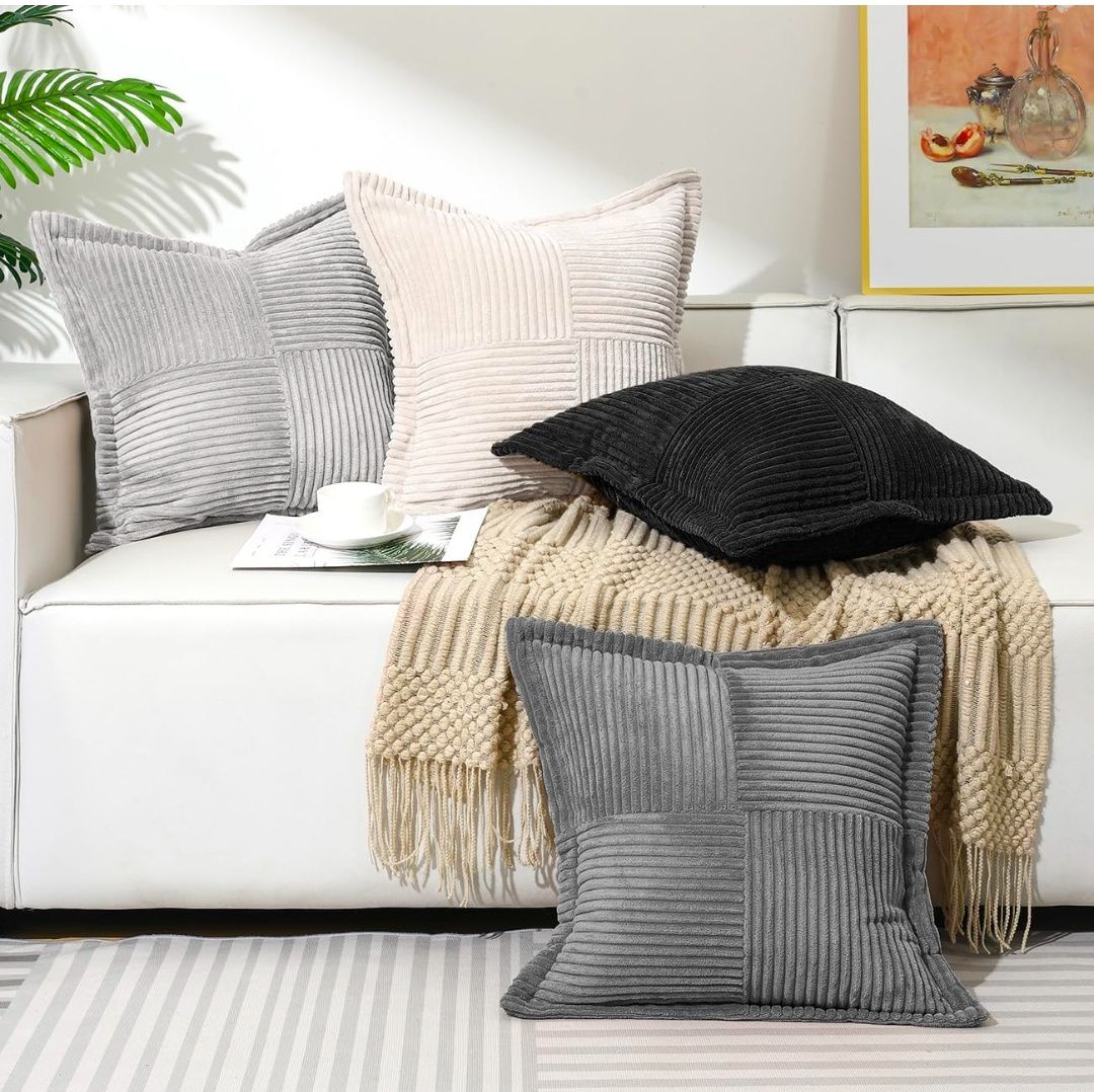 Corduroy Throw Pillow Covers 18×18 Inch, 4 Pack Soft Square Throw Pillow Cases, Decorative Boho Striped Couch Pillow Covers for Living Room Bedroom Sofa Bed Office Cushion Covers