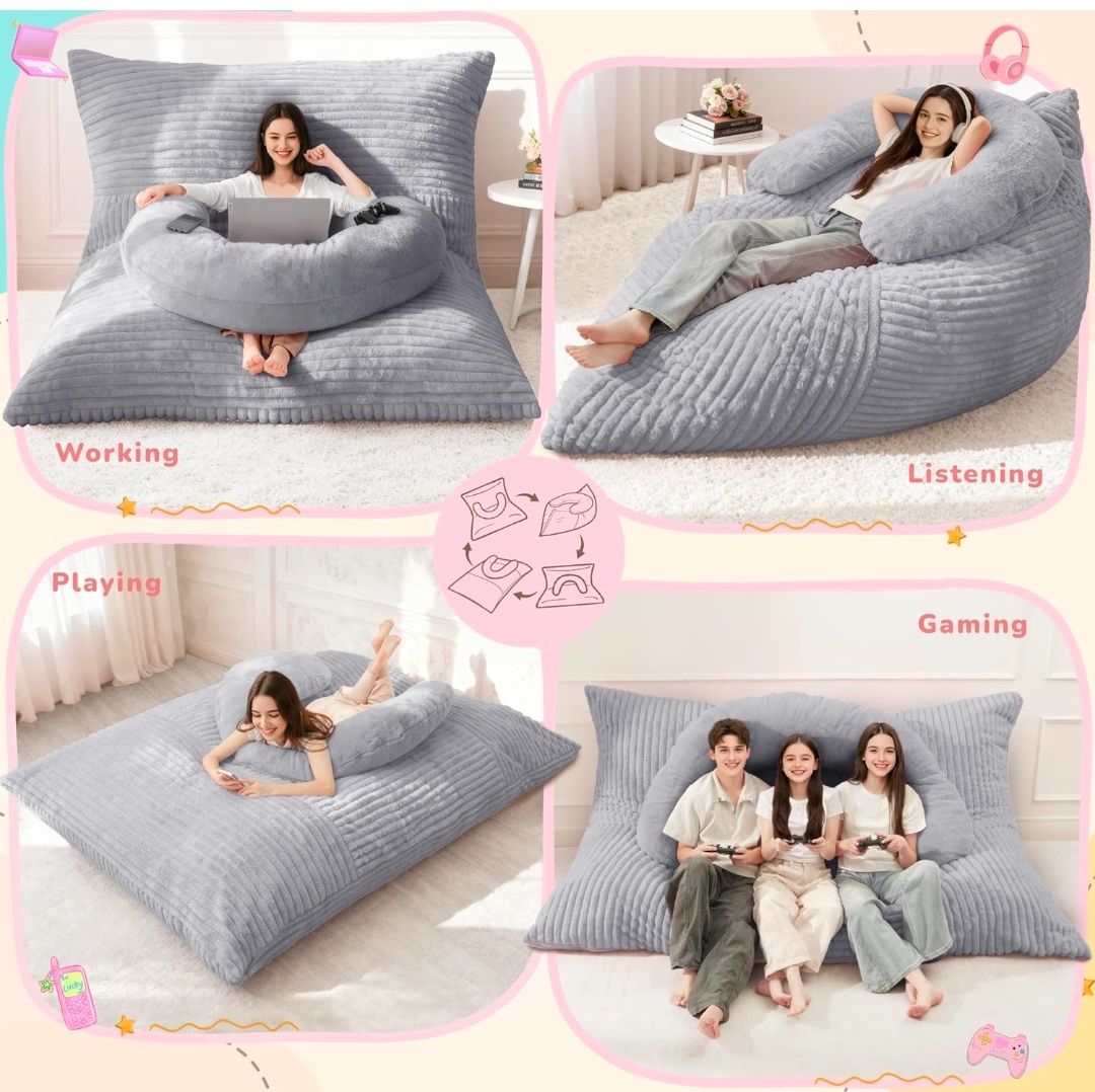 Giant Bean Bag Chair for Adults with Pillow, 4 in 1 Convertible Floor Cushion for Adluts, Memory Foamed Bean Bag Lounger with Washable Cover for Living Room, Bedroom