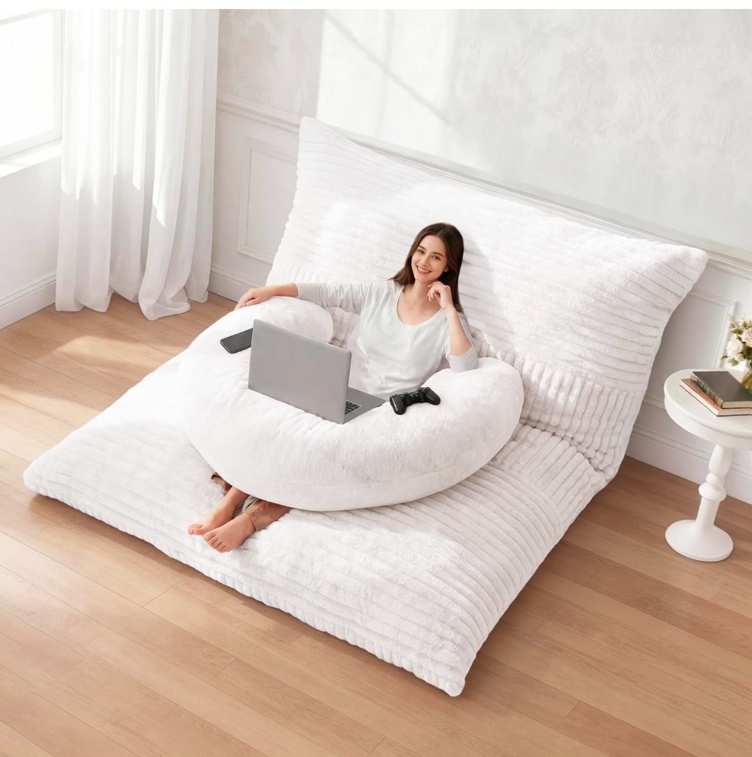 Giant Bean Bag Chair for Adults with Pillow, 4 in 1 Convertible Floor Cushion for Adluts, Memory Foamed Bean Bag Lounger with Washable Cover for Living Room, Bedroom