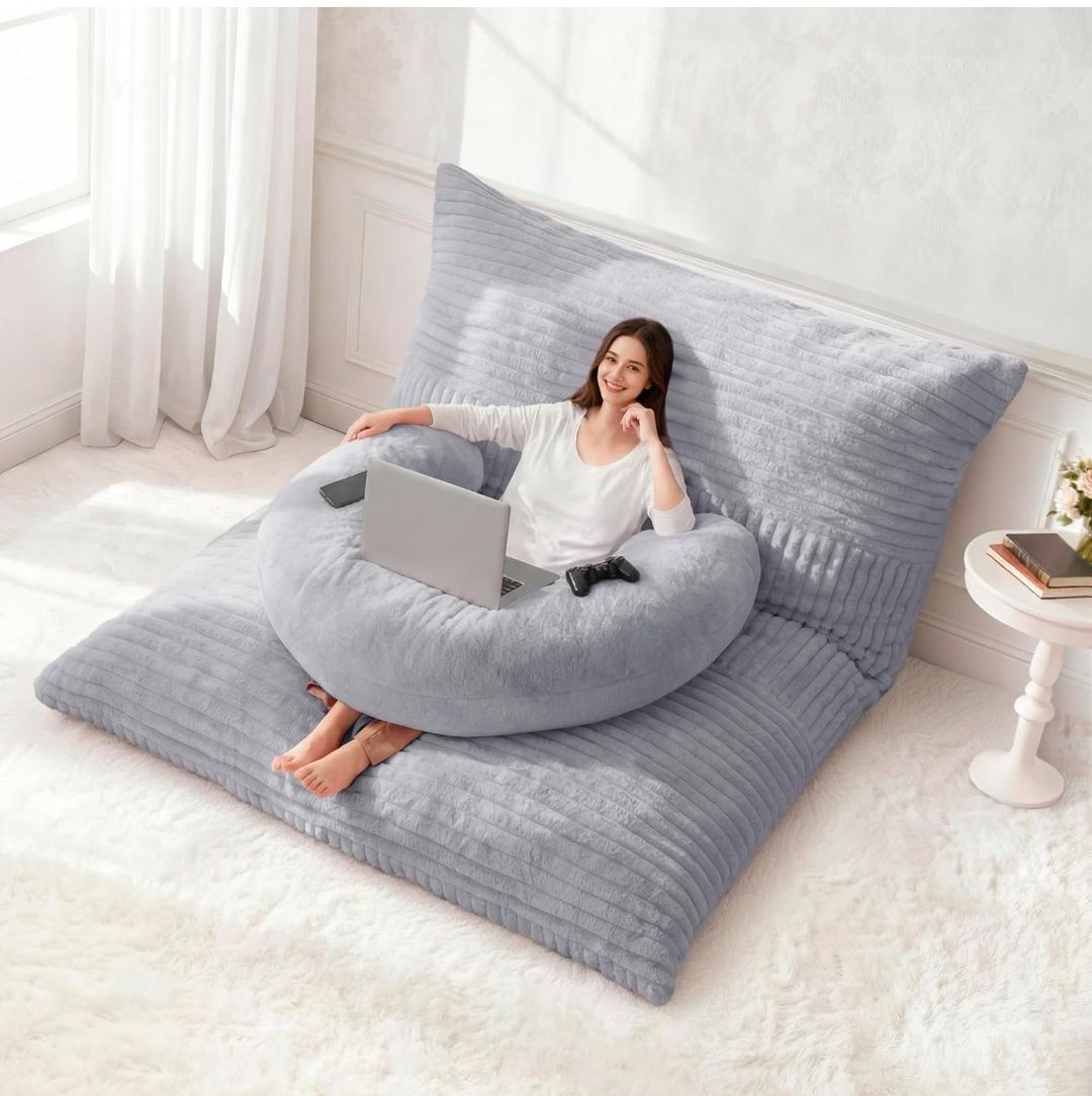 Giant Bean Bag Chair for Adults with Pillow, 4 in 1 Convertible Floor Cushion for Adluts, Memory Foamed Bean Bag Lounger with Washable Cover for Living Room, Bedroom