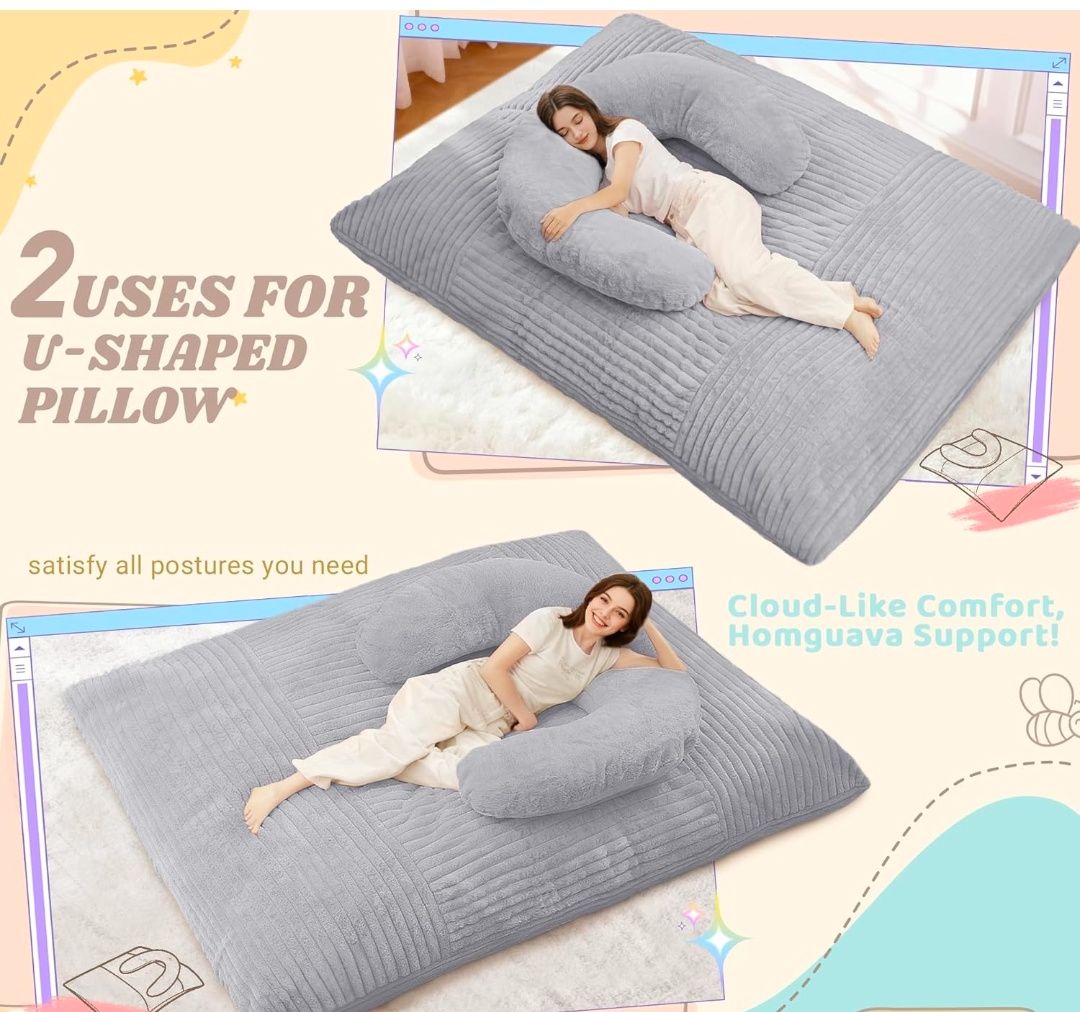 Giant Bean Bag Chair for Adults with Pillow, 4 in 1 Convertible Floor Cushion for Adluts, Memory Foamed Bean Bag Lounger with Washable Cover for Living Room, Bedroom