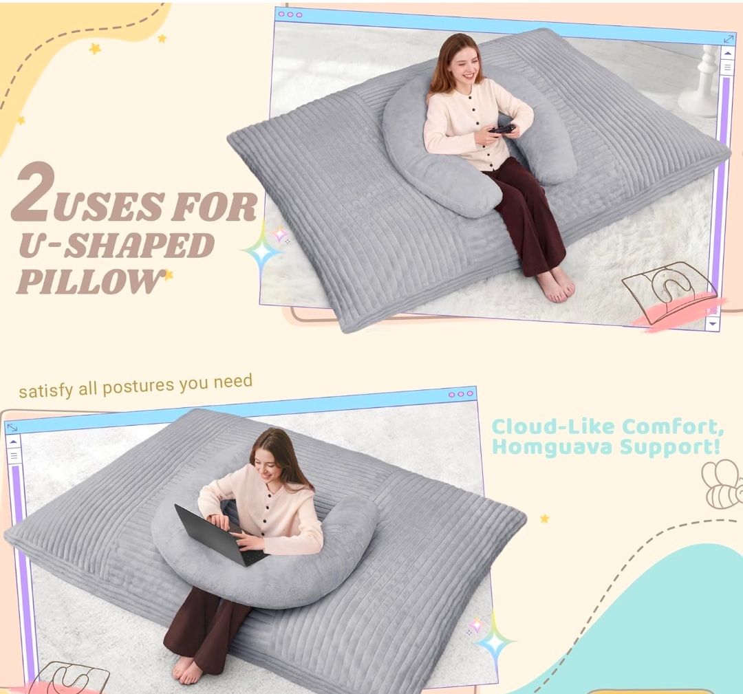 Giant Bean Bag Chair for Adults with Pillow, 4 in 1 Convertible Floor Cushion for Adluts, Memory Foamed Bean Bag Lounger with Washable Cover for Living Room, Bedroom