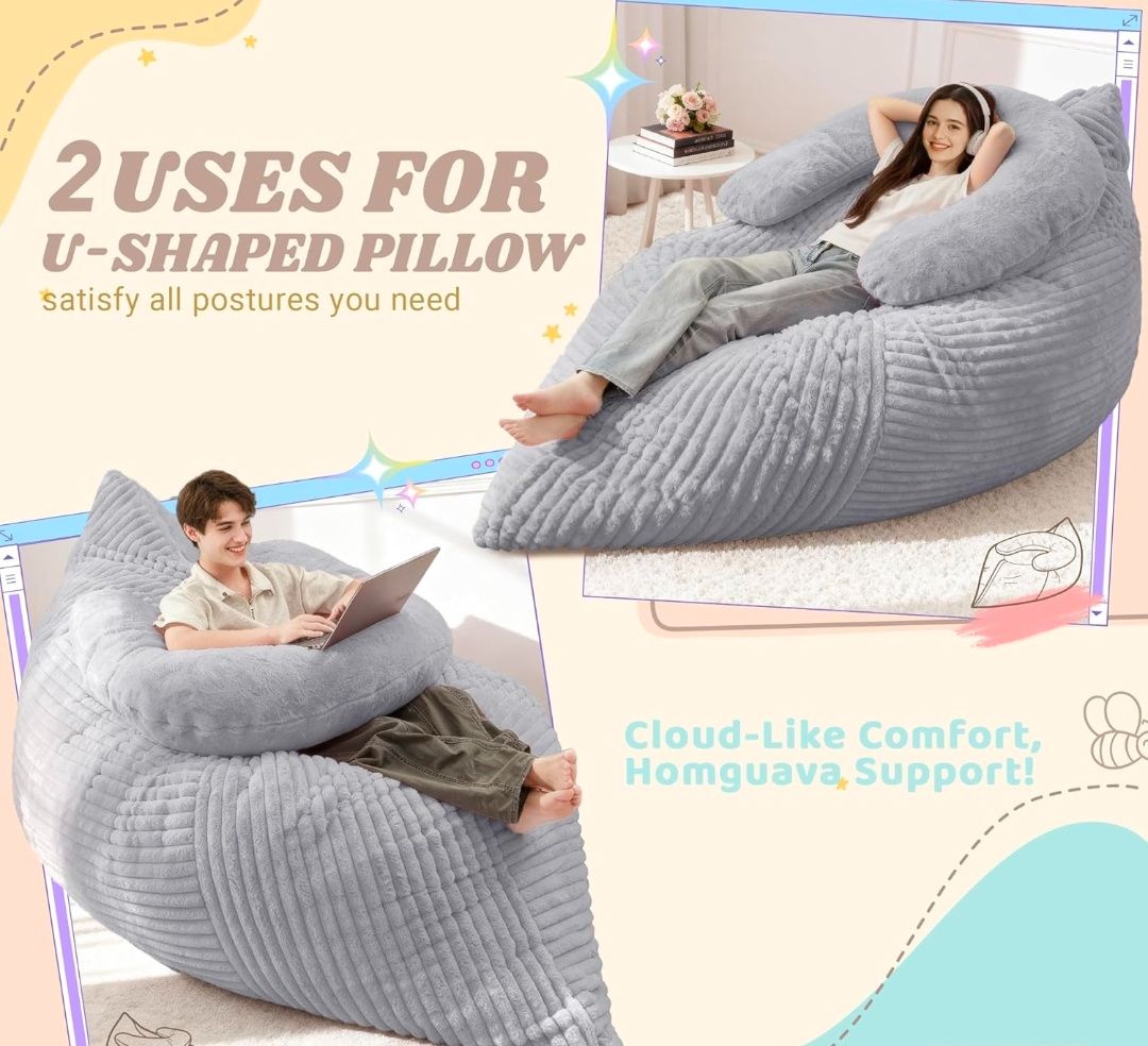 Giant Bean Bag Chair for Adults with Pillow, 4 in 1 Convertible Floor Cushion for Adluts, Memory Foamed Bean Bag Lounger with Washable Cover for Living Room, Bedroom