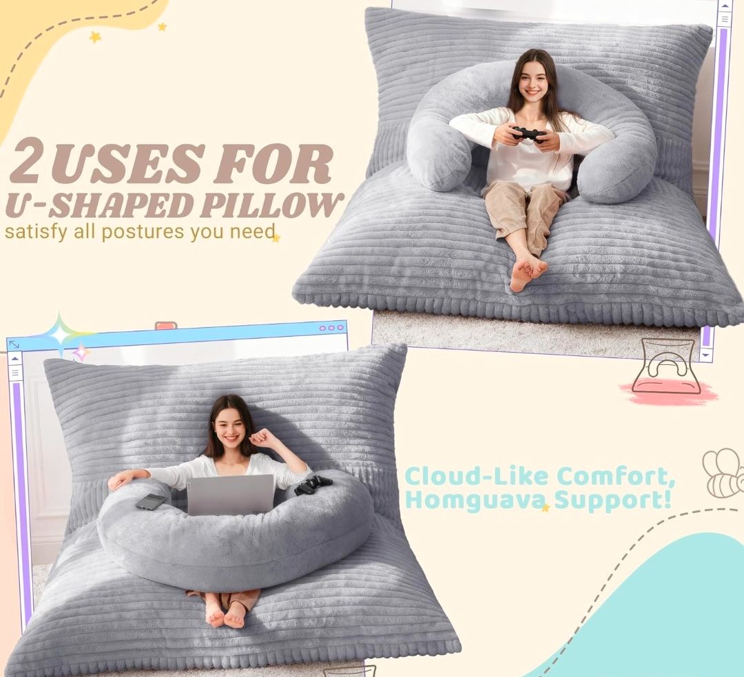 Giant Bean Bag Chair for Adults with Pillow, 4 in 1 Convertible Floor Cushion for Adluts, Memory Foamed Bean Bag Lounger with Washable Cover for Living Room, Bedroom